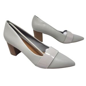 Grey Leather Pointed Toe Block Heel Pumps with Patent Strap Womens Size 10 NEW
